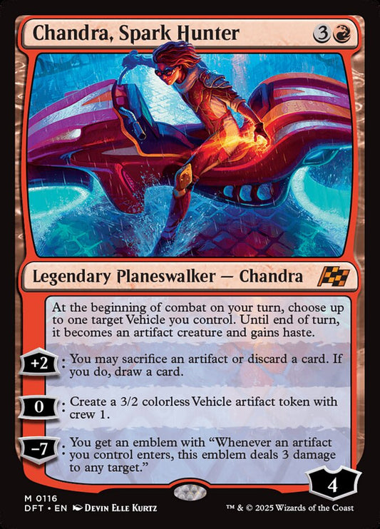 This Is An Image Of The Magic The Gathering Card Chandra, Spark Hunter From The Set Aetherdrift - Designed By Artist Devin Elle Kurtz
