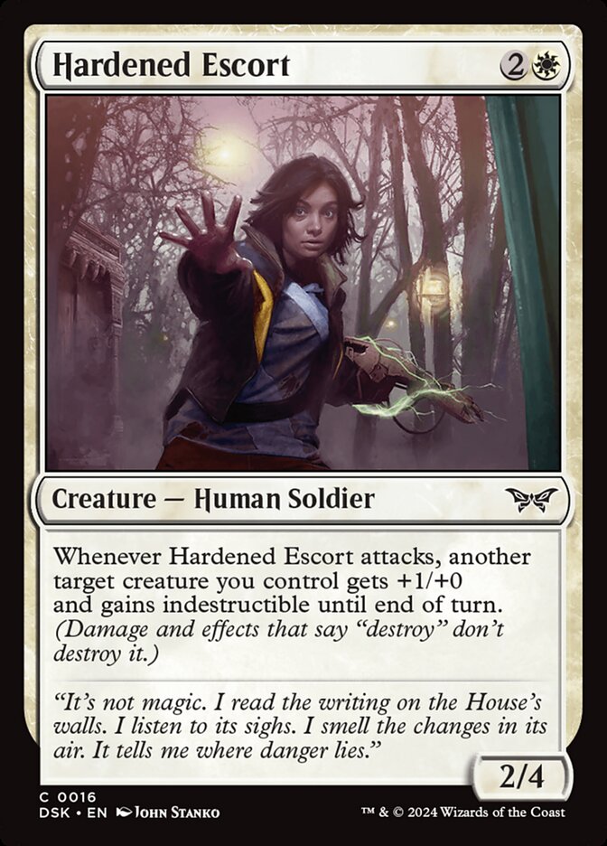 This Is An Image Of The Magic The Gathering Card Hardened Escort From The Set Duskmourn: House of Horror - Designed By Artist John Stanko