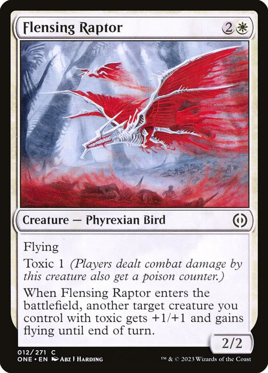 This Is An Image Of The Magic The Gathering Card Flensing Raptor From The Set Phyrexia: All Will Be One - Designed By Artist Abz J Harding