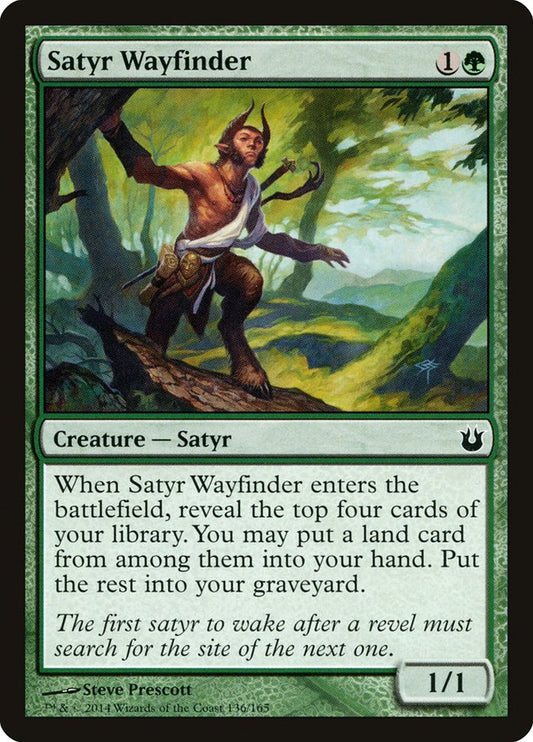 This Is An Image Of The Magic The Gathering Card Satyr Wayfinder From The Set Tarkir: Dragonstorm Commander - Designed By Artist Steve Prescott