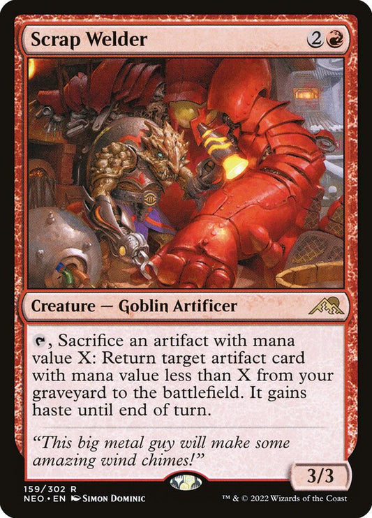 This Is An Image Of The Magic The Gathering Card Scrap Welder From The Set Kamigawa: Neon Dynasty - Designed By Artist Simon Dominic