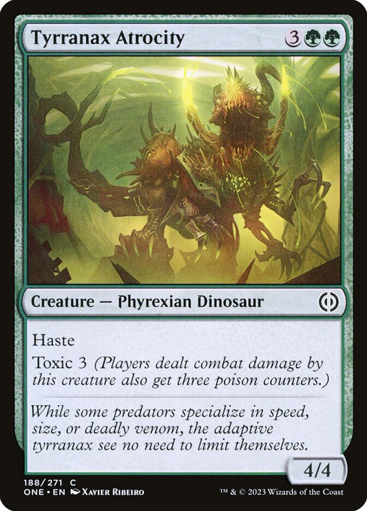 This Is An Image Of The Magic The Gathering Card Tyrranax Atrocity From The Set Phyrexia: All Will Be One - Designed By Artist Xavier Ribeiro