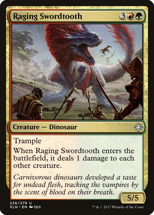 This Is An Image Of The Magic The Gathering Card Raging Swordtooth From The Set The Lost Caverns of Ixalan Commander - Designed By Artist Izzy