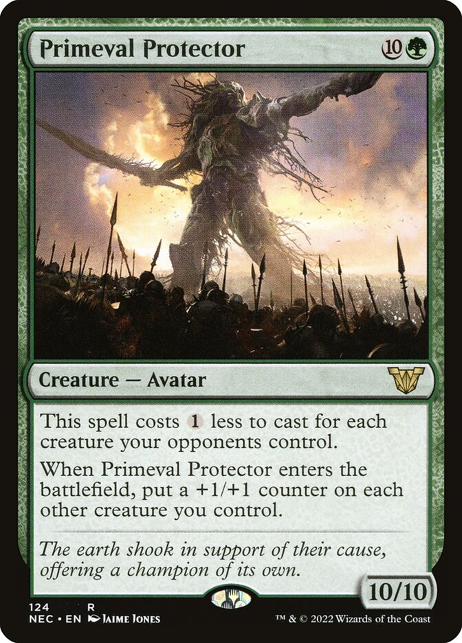This Is An Image Of The Magic The Gathering Card Primeval Protector From The Set Neon Dynasty Commander - Designed By Artist Jaime Jones