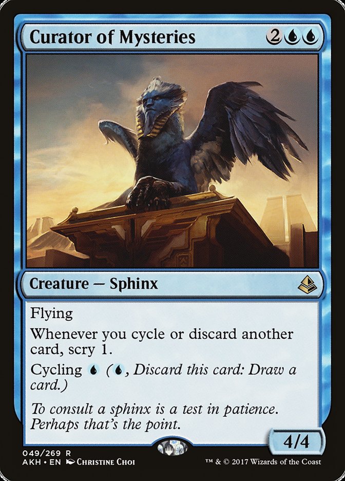 This Is An Image Of The Magic The Gathering Card Curator of Mysteries From The Set Forgotten Realms Commander - Designed By Artist Christine Choi