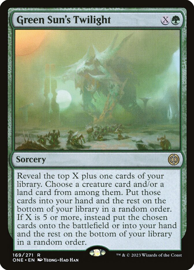 This Is An Image Of The Magic The Gathering Card Green Sun's Twilight From The Set Phyrexia: All Will Be One - Designed By Artist Yeong-Hao Han