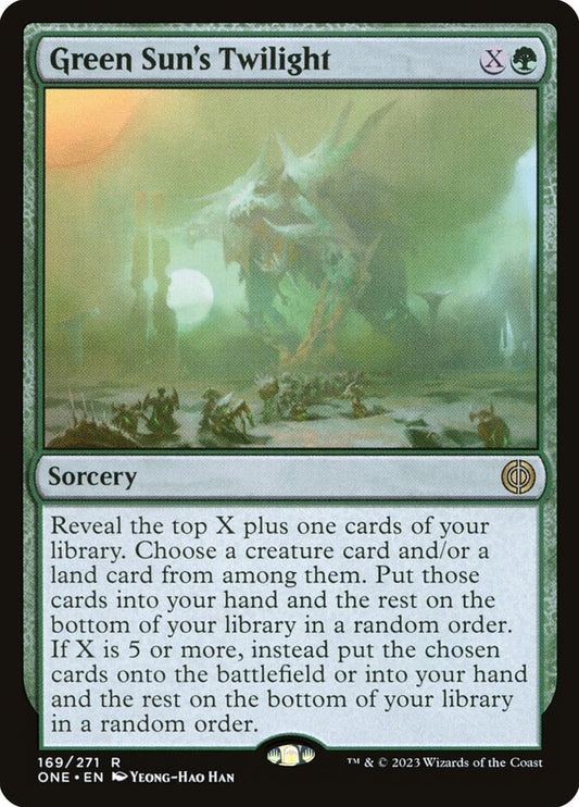 This Is An Image Of The Magic The Gathering Card Green Sun's Twilight From The Set Phyrexia: All Will Be One - Designed By Artist Yeong-Hao Han