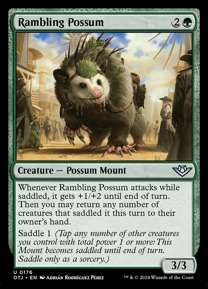 This Is An Image Of The Magic The Gathering Card Rambling Possum From The Set Outlaws of Thunder Junction - Designed By Artist Adrián Rodríguez Pérez