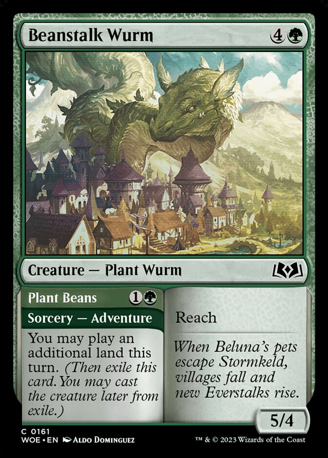 This Is An Image Of The Magic The Gathering Card Beanstalk Wurm // Plant Beans From The Set Wilds of Eldraine - Designed By Artist Aldo Domínguez