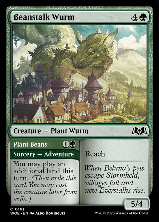 This Is An Image Of The Magic The Gathering Card Beanstalk Wurm // Plant Beans From The Set Wilds of Eldraine - Designed By Artist Aldo Domínguez