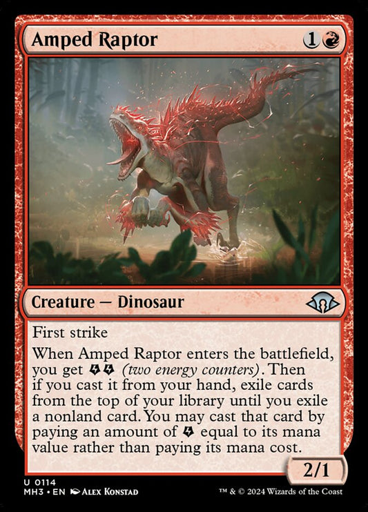This Is An Image Of The Magic The Gathering Card Amped Raptor From The Set Modern Horizons 3 - Designed By Artist Alex Konstad