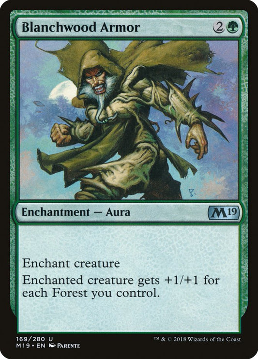 This Is An Image Of The Magic The Gathering Card Blanchwood Armor From The Set Foundations - Designed By Artist Manuel Castañón