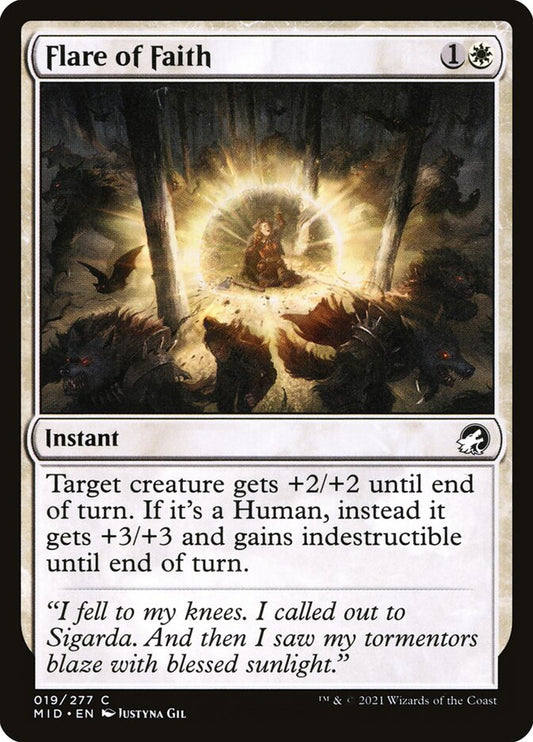 This Is An Image Of The Magic The Gathering Card Flare of Faith From The Set Innistrad: Midnight Hunt - Designed By Artist Justyna Dura
