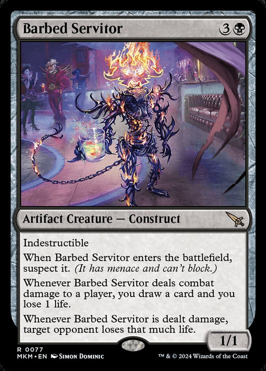 This Is An Image Of The Magic The Gathering Card Barbed Servitor From The Set Murders at Karlov Manor - Designed By Artist Simon Dominic
