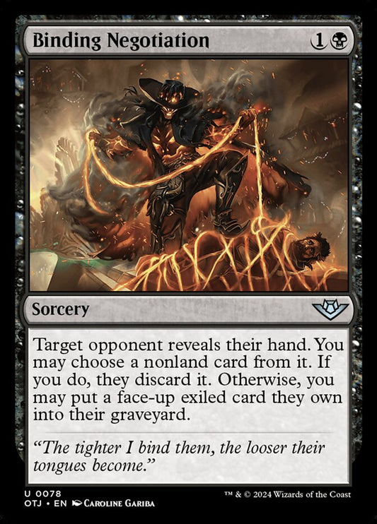 This Is An Image Of The Magic The Gathering Card Binding Negotiation From The Set Outlaws of Thunder Junction - Designed By Artist Caroline Gariba