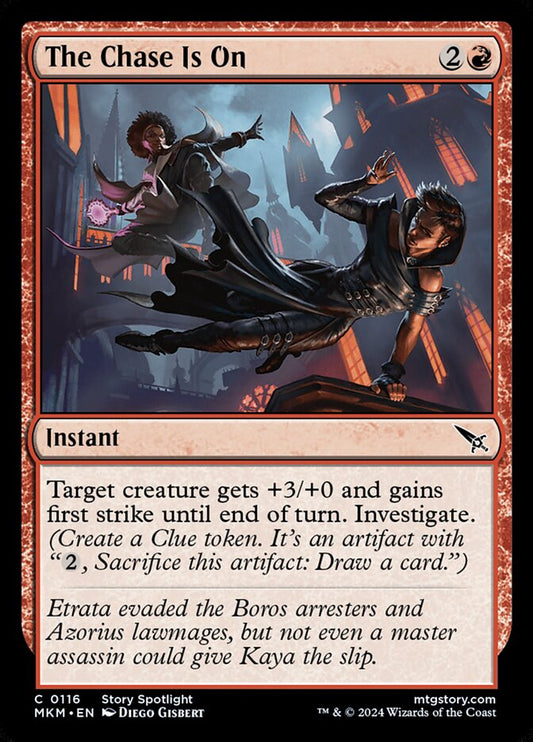 This Is An Image Of The Magic The Gathering Card The Chase Is On From The Set Murders at Karlov Manor - Designed By Artist Diego Gisbert