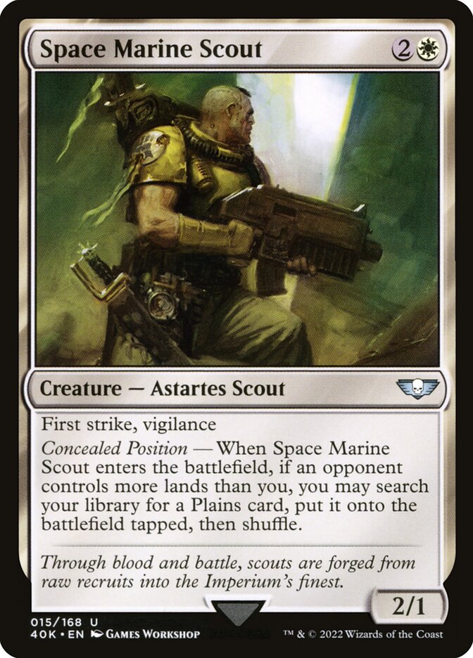 This Is An Image Of The Magic The Gathering Card Space Marine Scout From The Set Warhammer 40,000 Commander - Designed By Artist Games Workshop