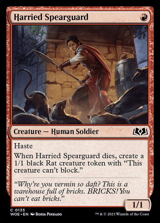 This Is An Image Of The Magic The Gathering Card Harried Spearguard From The Set Wilds of Eldraine - Designed By Artist Borja Pindado