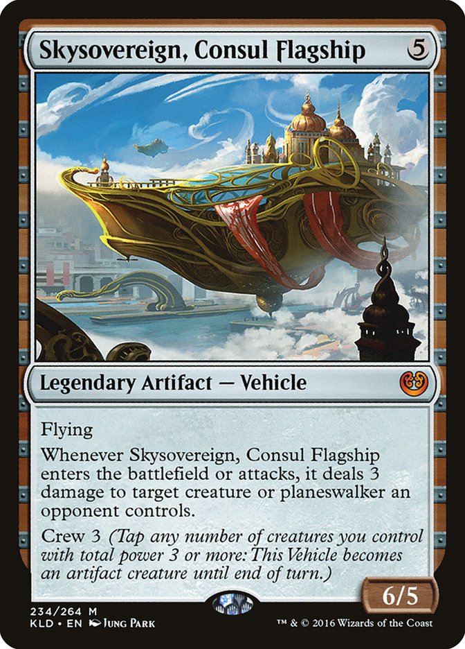 This Is An Image Of The Magic The Gathering Card Skysovereign, Consul Flagship From The Set Neon Dynasty Commander - Designed By Artist Jung Park