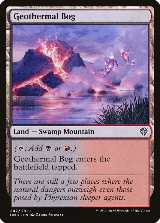 This Is An Image Of The Magic The Gathering Card Geothermal Bog From The Set Duskmourn: House of Horror Commander - Designed By Artist Gabor Szikszai