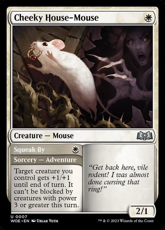 This Is An Image Of The Magic The Gathering Card Cheeky House-Mouse // Squeak By From The Set Wilds of Eldraine - Designed By Artist Uriah Voth