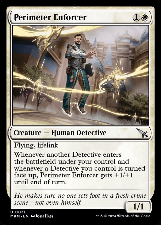 This Is An Image Of The Magic The Gathering Card Perimeter Enforcer From The Set Murders at Karlov Manor - Designed By Artist Josh Hass