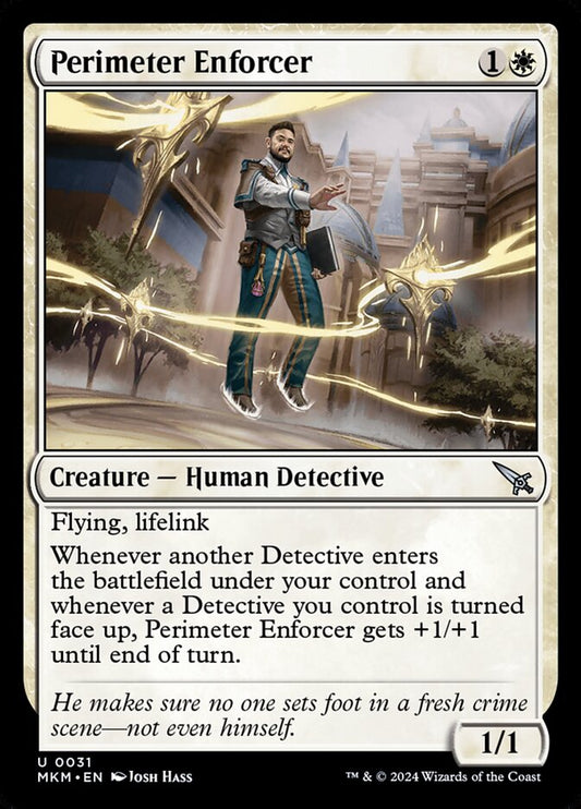This Is An Image Of The Magic The Gathering Card Perimeter Enforcer From The Set Murders at Karlov Manor - Designed By Artist Josh Hass