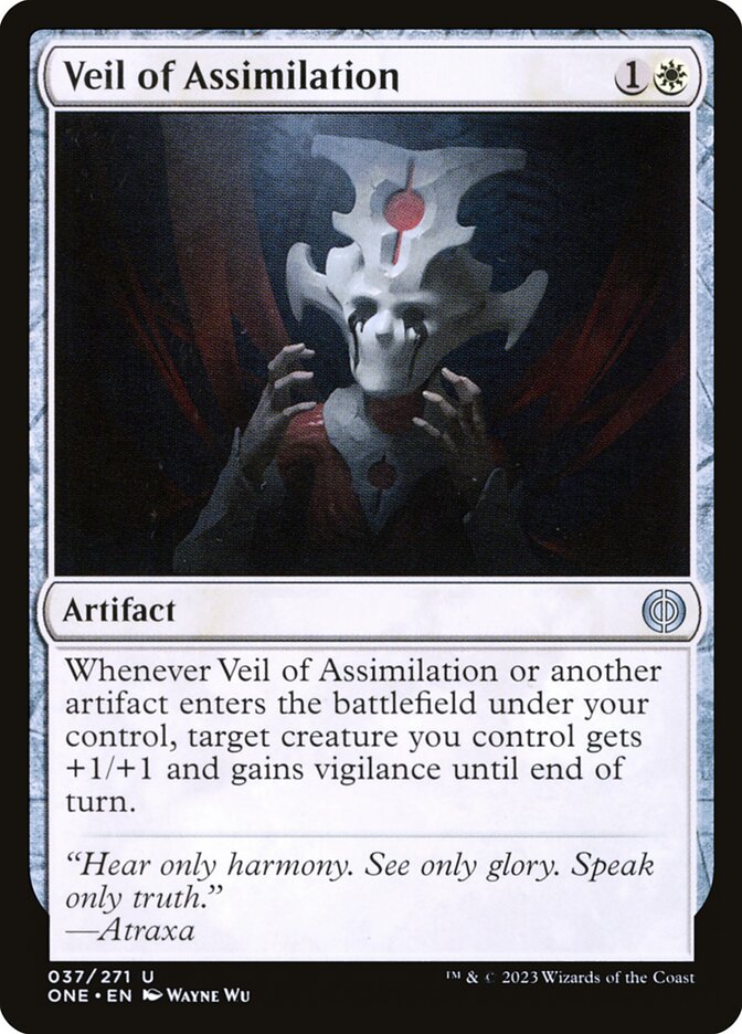 This Is An Image Of The Magic The Gathering Card Veil of Assimilation From The Set Phyrexia: All Will Be One - Designed By Artist Wayne Wu