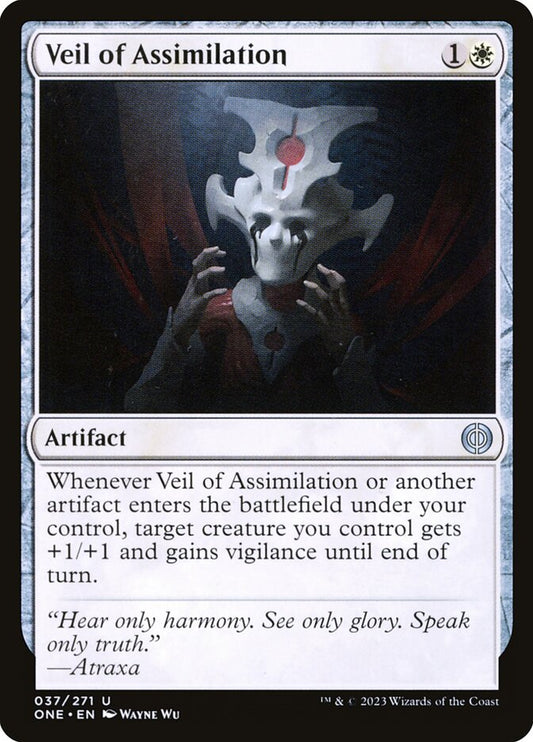 This Is An Image Of The Magic The Gathering Card Veil of Assimilation From The Set Phyrexia: All Will Be One - Designed By Artist Wayne Wu