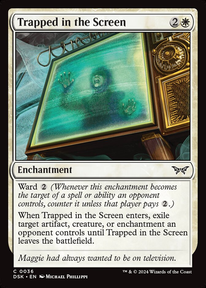 This Is An Image Of The Magic The Gathering Card Trapped in the Screen From The Set Duskmourn: House of Horror - Designed By Artist Michael Phillippi