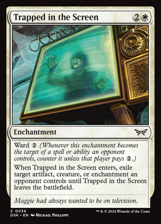This Is An Image Of The Magic The Gathering Card Trapped in the Screen From The Set Duskmourn: House of Horror - Designed By Artist Michael Phillippi