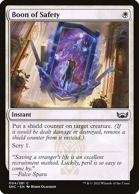 This Is An Image Of The Magic The Gathering Card Boon of Safety From The Set Streets of New Capenna - Designed By Artist Robin Olausson