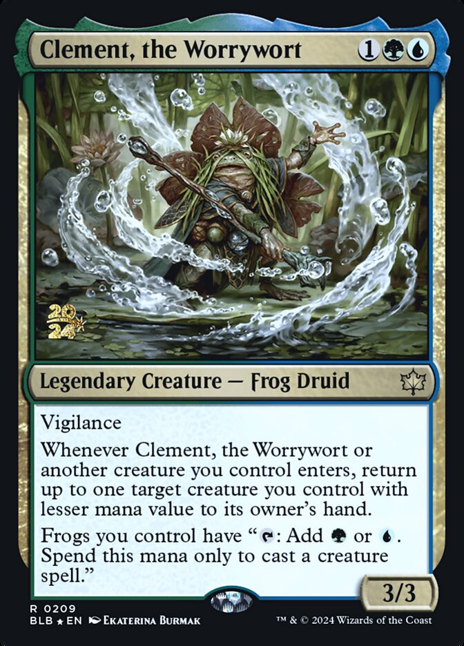 This Is An Image Of The Magic The Gathering Card Clement, the Worrywort From The Set Bloomburrow - Designed By Artist Ekaterina Burmak