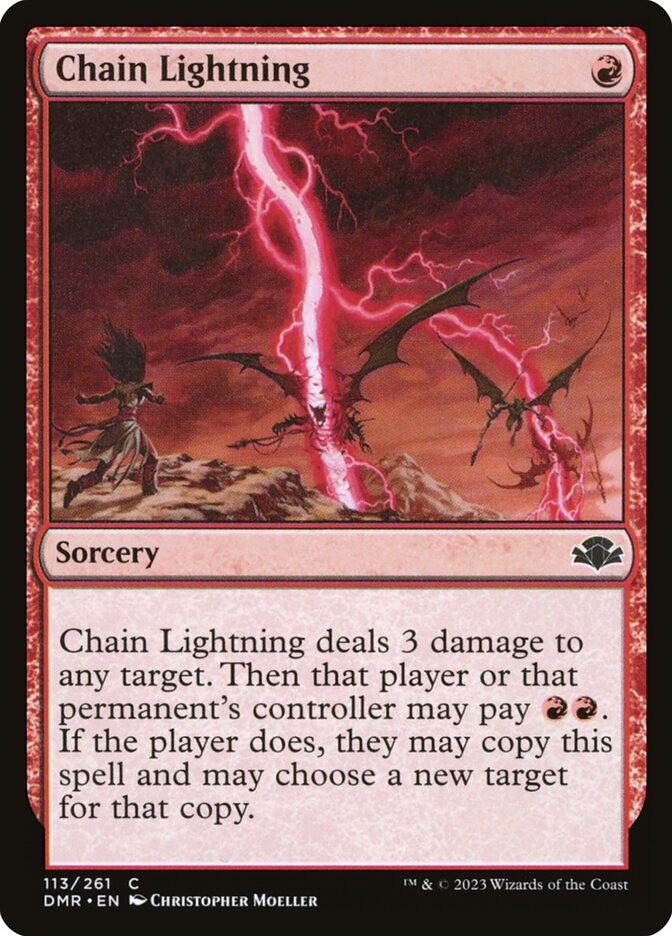 This Is An Image Of The Magic The Gathering Card Chain Lightning From The Set Dominaria Remastered - Designed By Artist Christopher Moeller