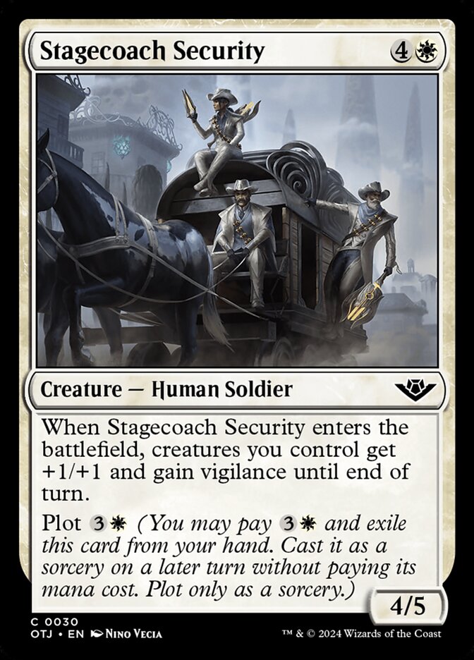 This Is An Image Of The Magic The Gathering Card Stagecoach Security From The Set Outlaws of Thunder Junction - Designed By Artist Nino Vecia