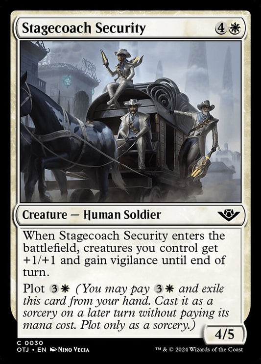 This Is An Image Of The Magic The Gathering Card Stagecoach Security From The Set Outlaws of Thunder Junction - Designed By Artist Nino Vecia