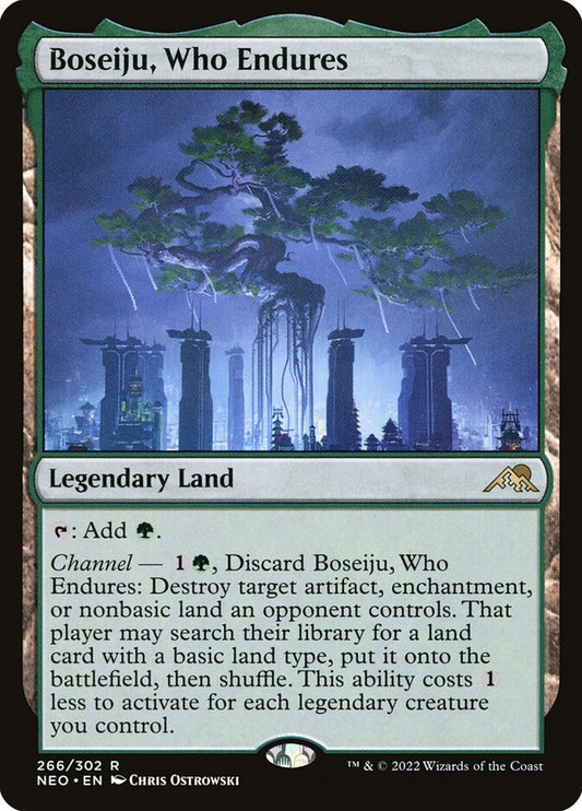 This Is An Image Of The Magic The Gathering Card Boseiju, Who Endures From The Set Kamigawa: Neon Dynasty - Designed By Artist Chris Ostrowski
