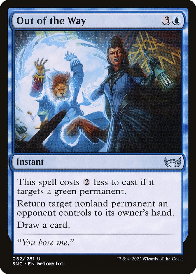 This Is An Image Of The Magic The Gathering Card Out of the Way From The Set Streets of New Capenna - Designed By Artist Tony Foti