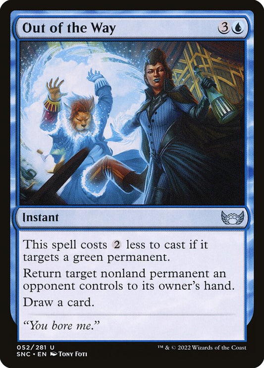 This Is An Image Of The Magic The Gathering Card Out of the Way From The Set Streets of New Capenna - Designed By Artist Tony Foti