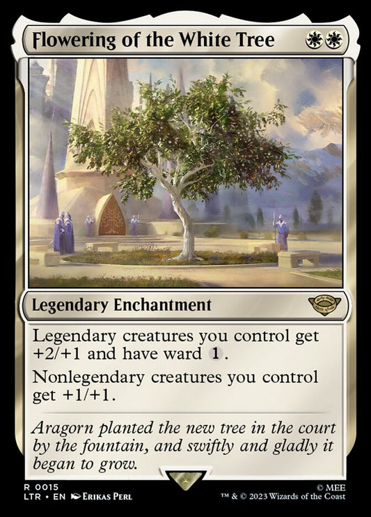 This Is An Image Of The Magic The Gathering Card Flowering of the White Tree From The Set The Lord of the Rings: Tales of Middle-earth - Designed By Artist Erikas Perl