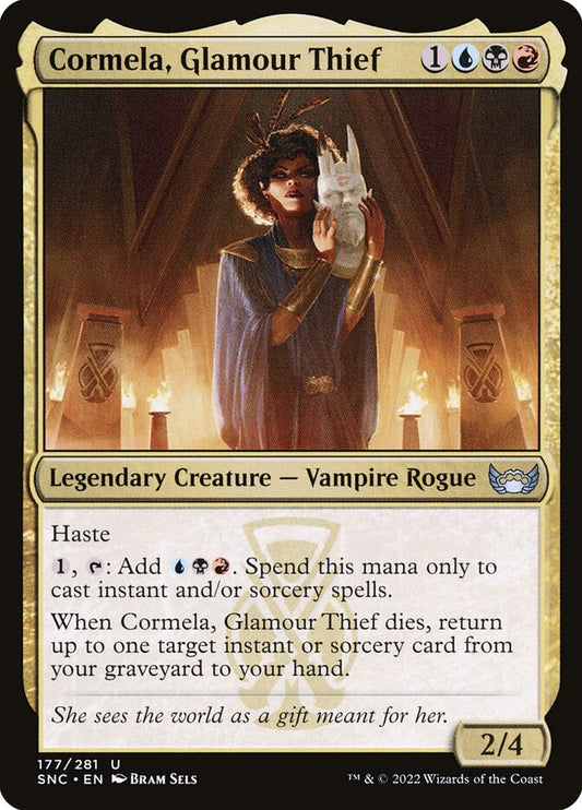 This Is An Image Of The Magic The Gathering Card Cormela, Glamour Thief From The Set Streets of New Capenna - Designed By Artist Bram Sels