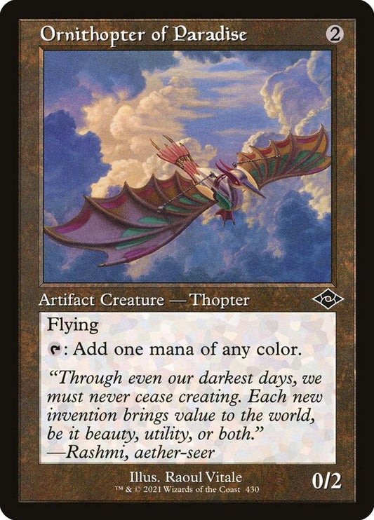 This Is An Image Of The Magic The Gathering Card Ornithopter of Paradise From The Set Commander Masters - Designed By Artist Raoul Vitale