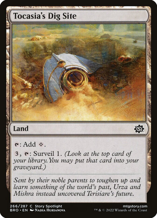 This Is An Image Of The Magic The Gathering Card Tocasia's Dig Site From The Set Murders at Karlov Manor Commander - Designed By Artist Nadia Hurianova