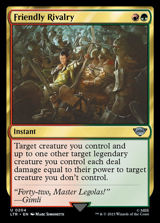 This Is An Image Of The Magic The Gathering Card Friendly Rivalry From The Set The Lord of the Rings: Tales of Middle-earth - Designed By Artist Marc Simonetti