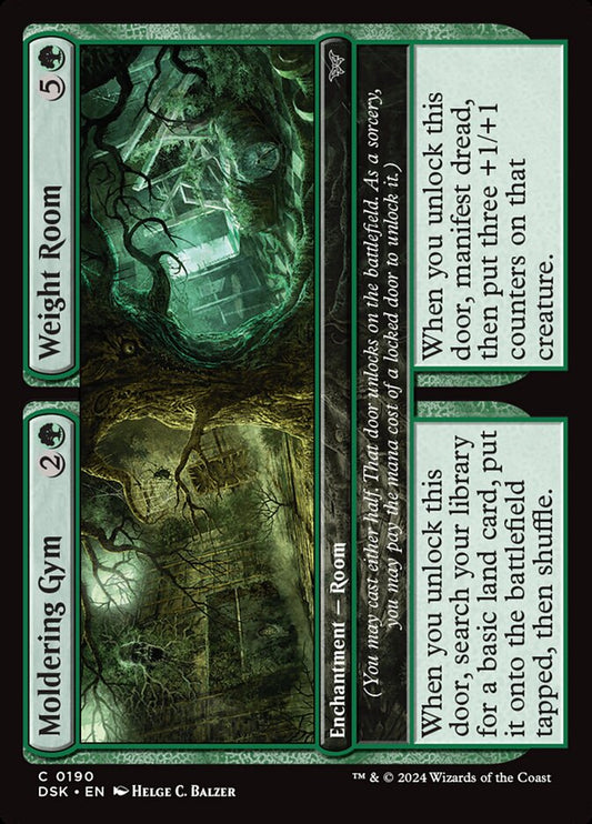 This Is An Image Of The Magic The Gathering Card Moldering Gym // Weight Room From The Set Duskmourn: House of Horror - Designed By Artist Helge C. Balzer