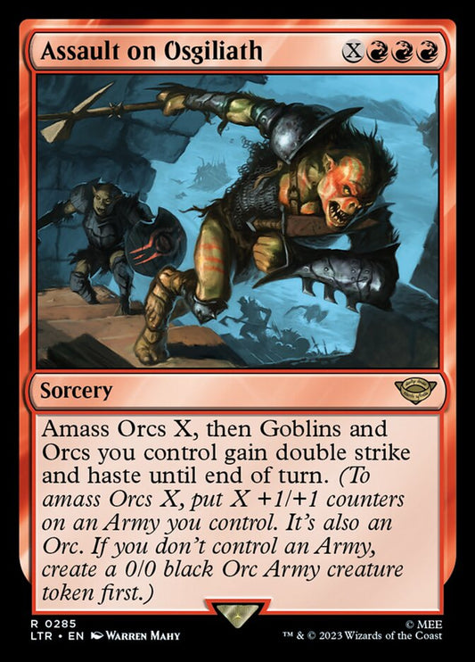 This Is An Image Of The Magic The Gathering Card Assault on Osgiliath From The Set The Lord of the Rings: Tales of Middle-earth - Designed By Artist Warren Mahy