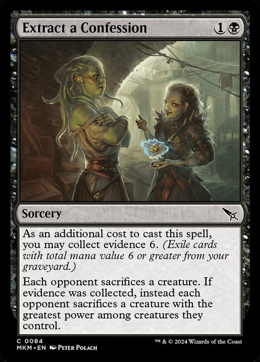 This Is An Image Of The Magic The Gathering Card Extract a Confession From The Set Murders at Karlov Manor - Designed By Artist Peter Polach