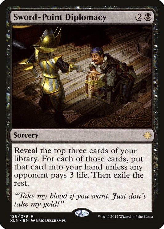 This Is An Image Of The Magic The Gathering Card Sword-Point Diplomacy From The Set Ixalan - Designed By Artist Eric Deschamps