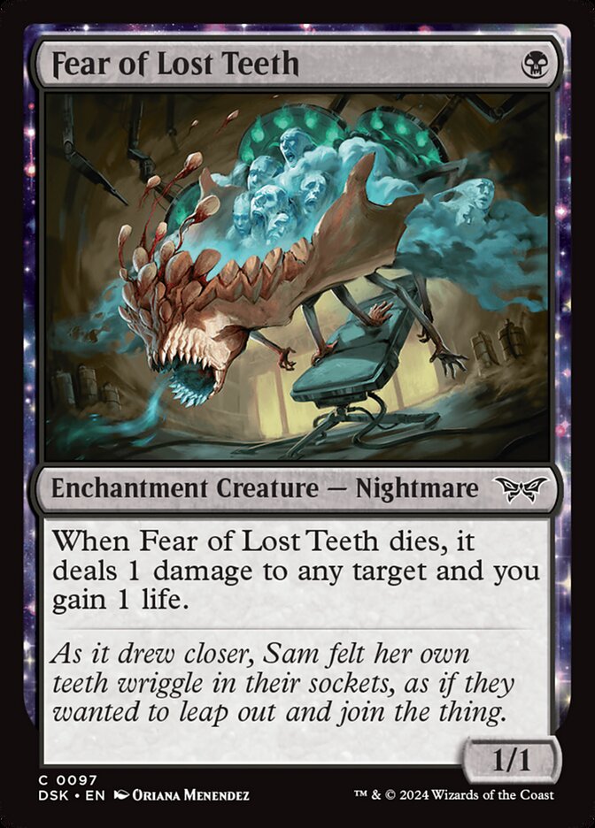 This Is An Image Of The Magic The Gathering Card Fear of Lost Teeth From The Set Duskmourn: House of Horror - Designed By Artist Oriana Menendez