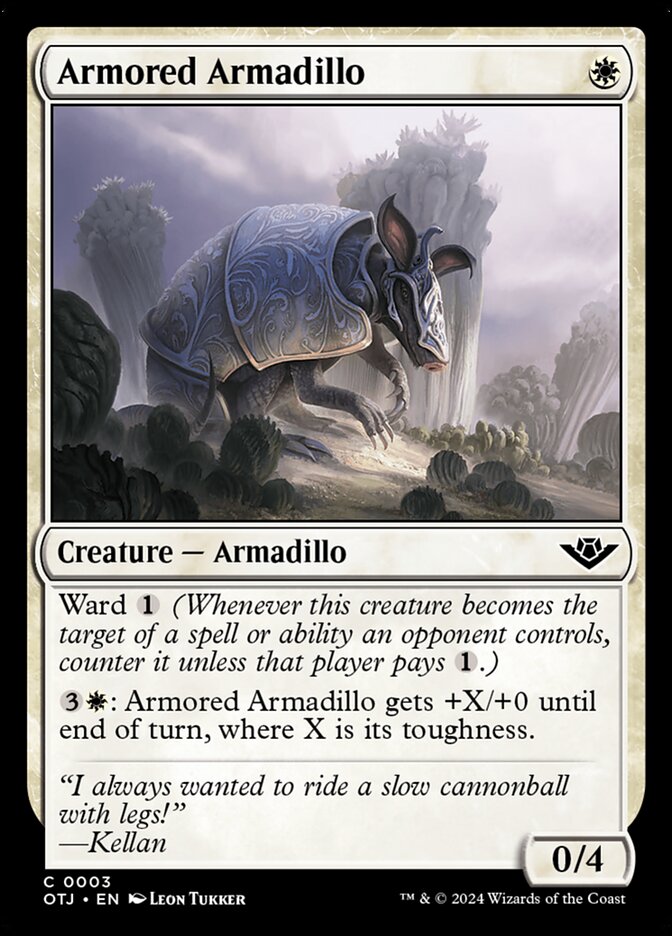 This Is An Image Of The Magic The Gathering Card Armored Armadillo From The Set Outlaws of Thunder Junction - Designed By Artist Leon Tukker